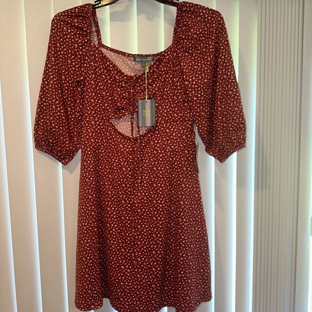 Good Luck Gem Nordstrom Women’s Red Cutout Mid Sleeve Mini Dress Size Med. NWT.R